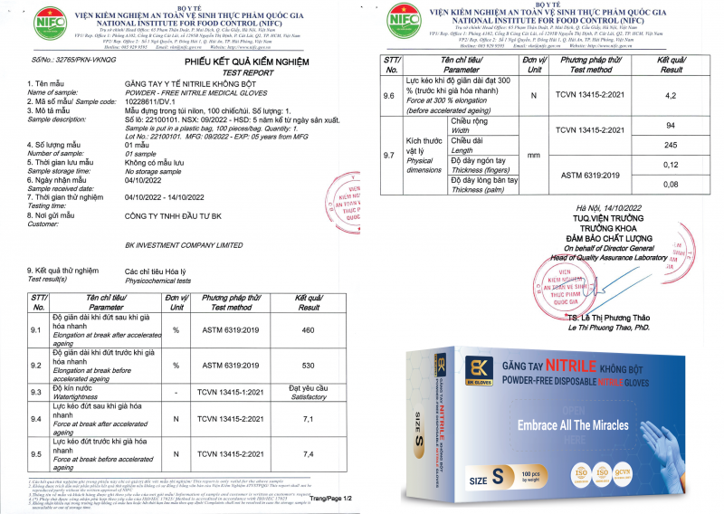 KẾT QUẢ THỬ NGHIỆM GĂNG TAY NITRILE KHÔNG BỘT - TCVN 6343-1:2007