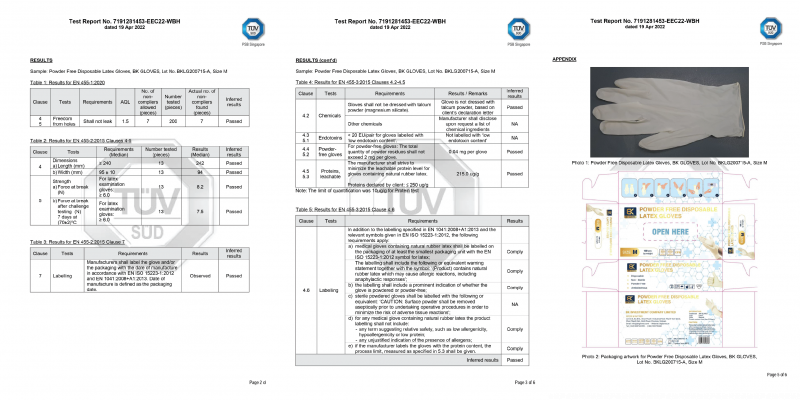 KẾT QUẢ THỬ NGHIỆM GĂNG TAY LATEX KHÔNG BỘT - EN 455-1,2,3