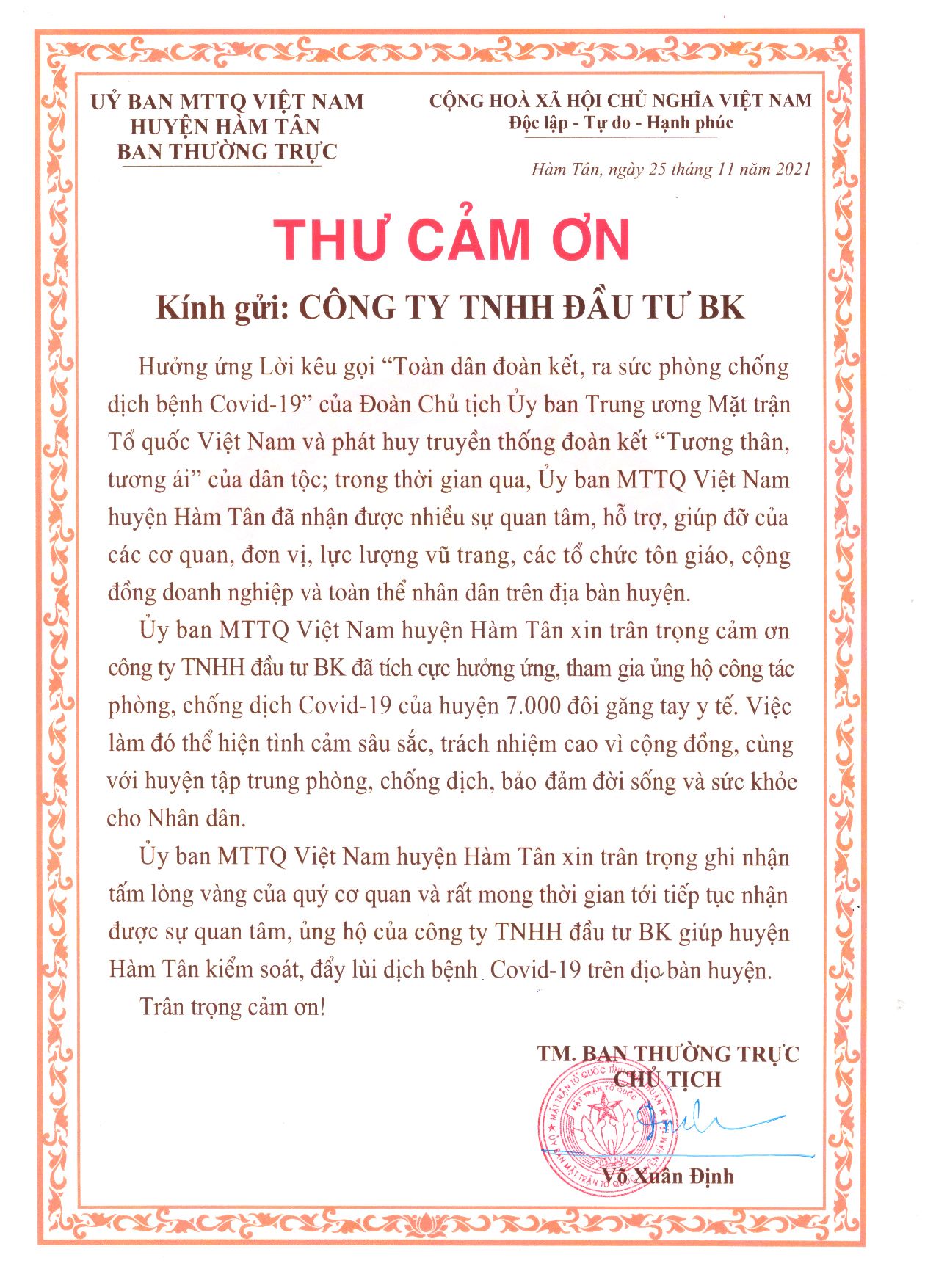 THƯ CẢM ƠN CHO BK CỦA HUYỆN HÀM TÂN, TỈNH BÌNH THUẬN